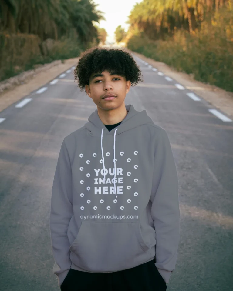 Man Wearing Gray Hoodie Mockup Front View Template