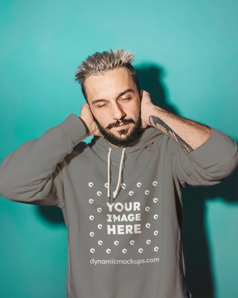 Man Wearing Gray Hoodie Mockup Front View Template