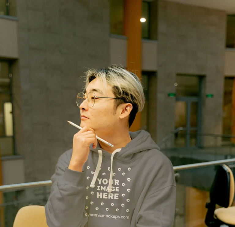 Man Wearing Gray Hoodie Mockup Front View Template