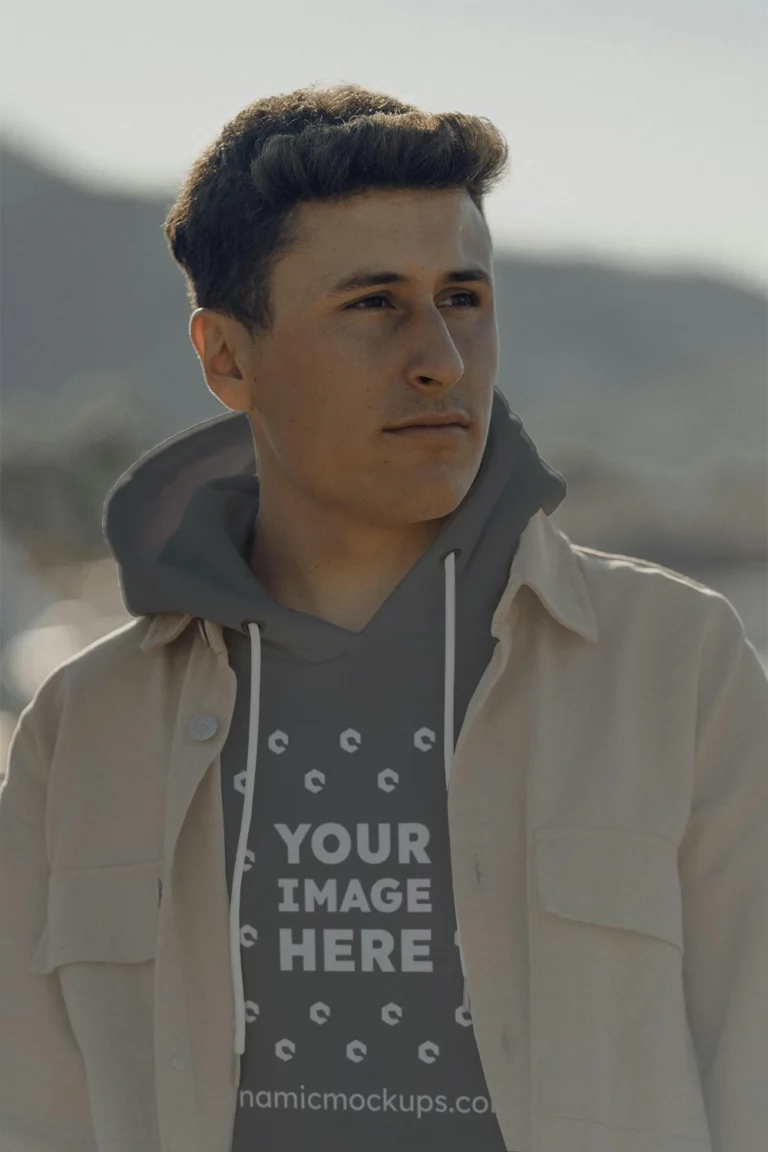 Man Wearing Gray Hoodie Mockup Front View Template