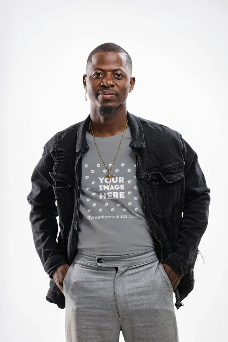 Man Wearing Gray T-shirt Mockup Front View Template