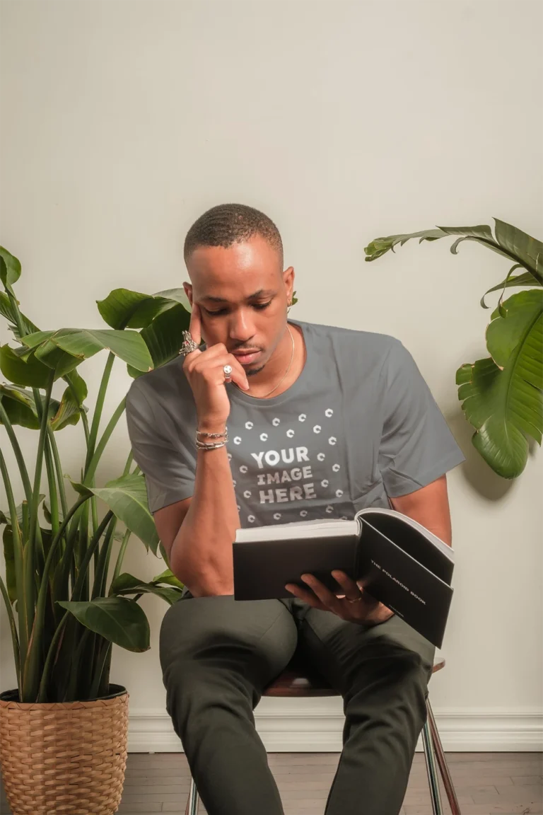 Man Wearing Gray T-shirt Mockup Front View Template