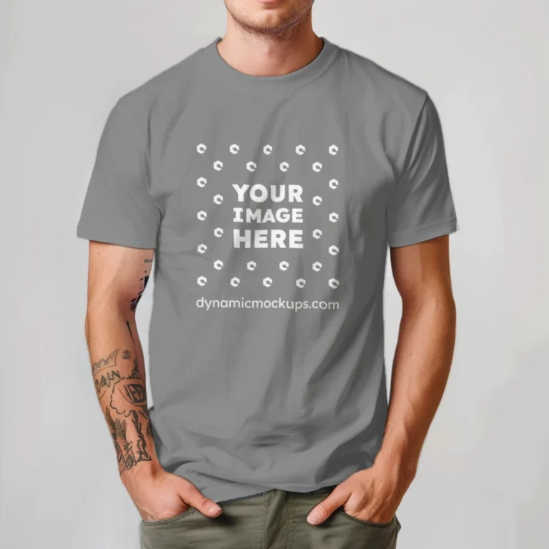 Man Wearing Gray T-shirt Mockup Front View Template
