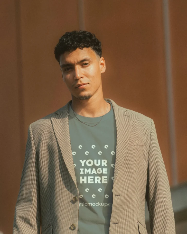 Man Wearing Gray T-shirt Mockup Front View Template
