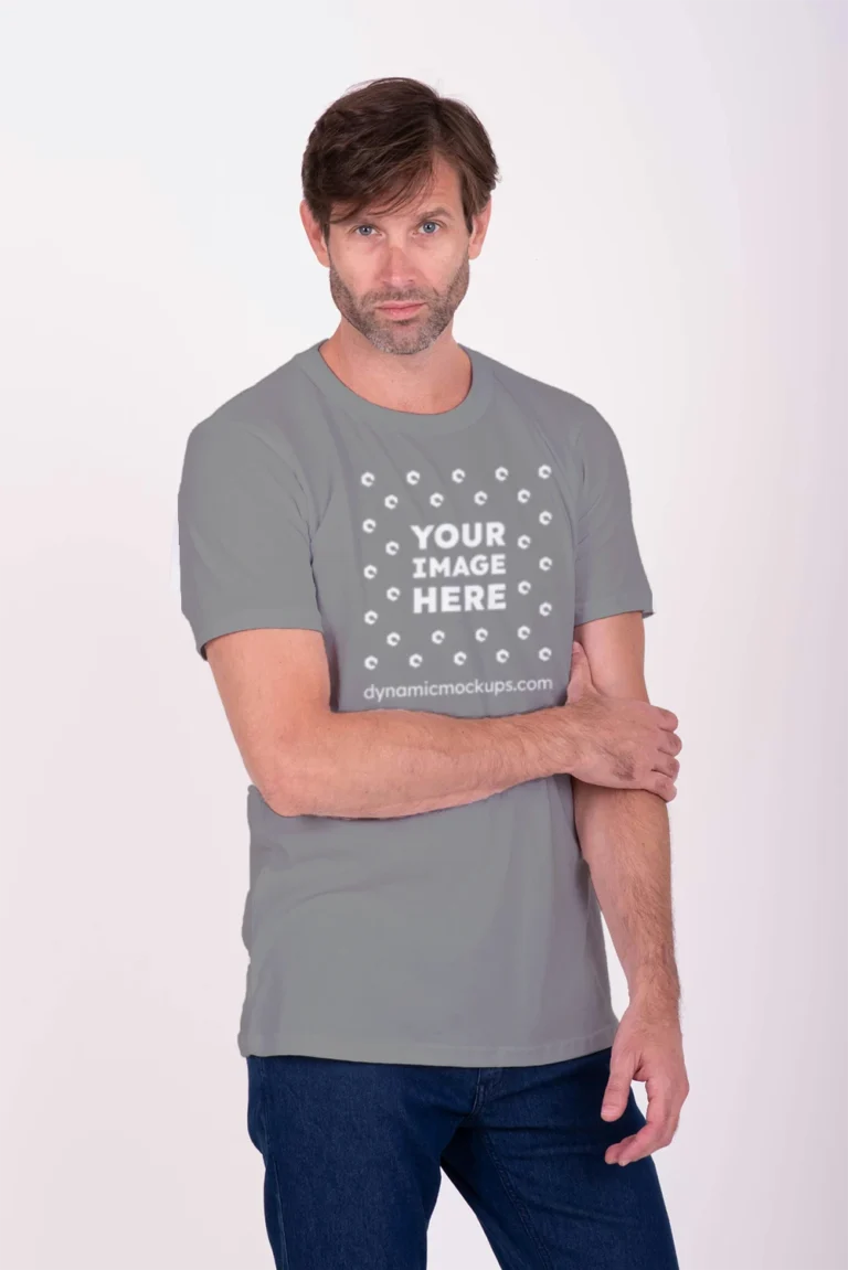 Man Wearing Gray T-shirt Mockup Front View Template