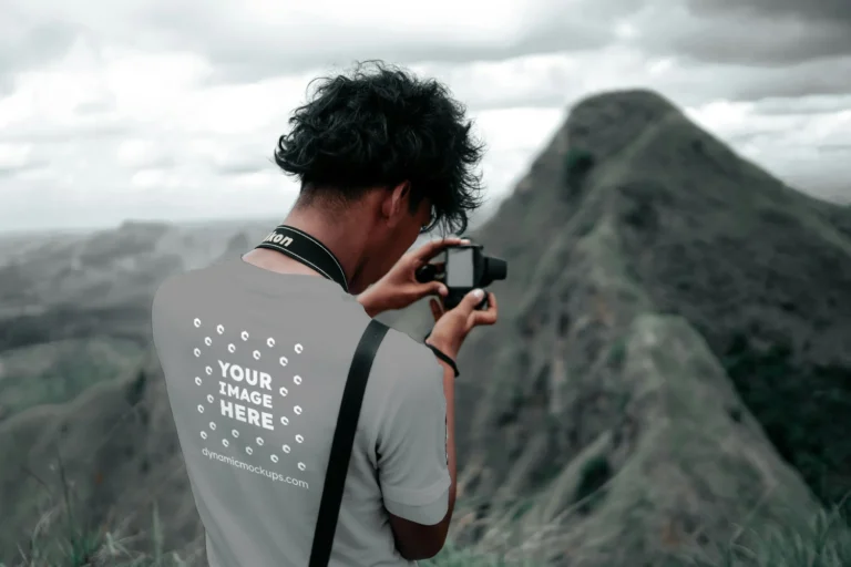 Man Wearing Gray T-shirt Mockup Back View Template