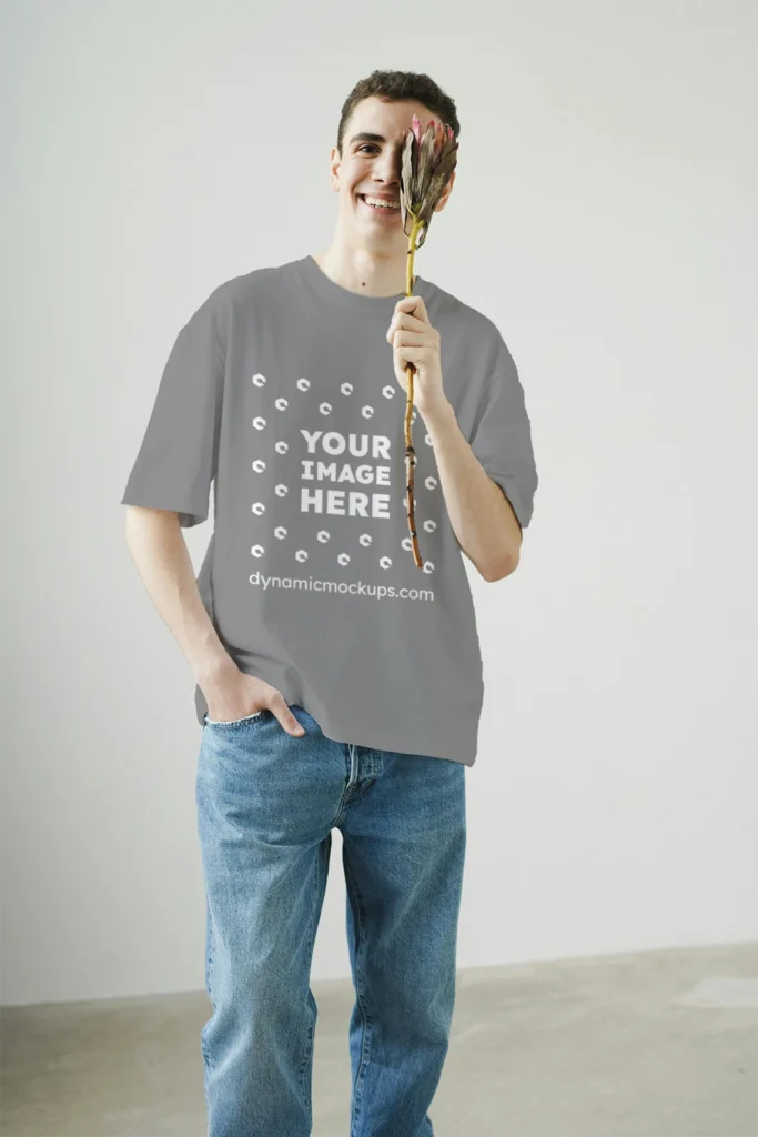 Man Wearing Gray T-shirt Mockup Front View Template