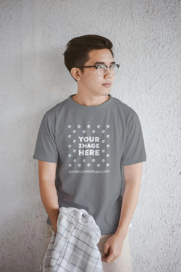 Man Wearing Gray T-shirt Mockup Front View Template