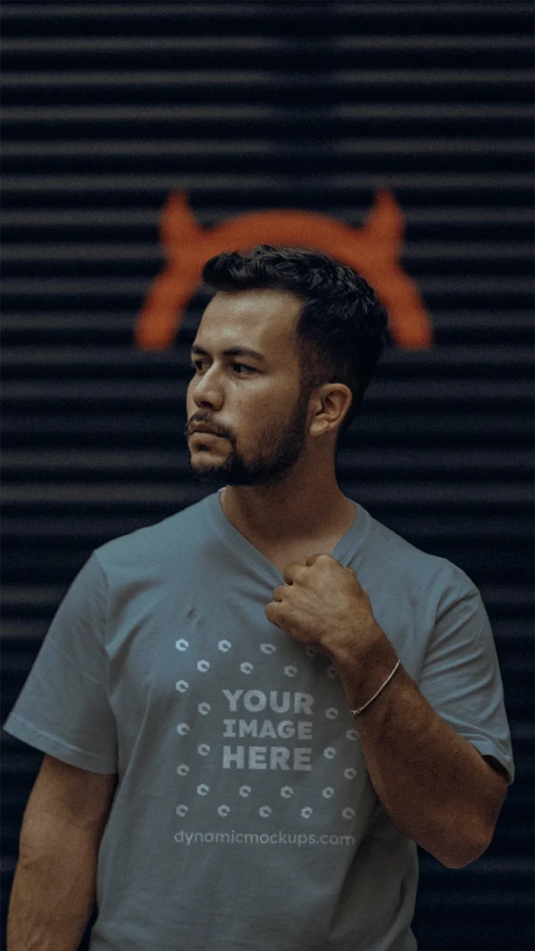 Man Wearing Gray T-shirt Mockup Front View Template