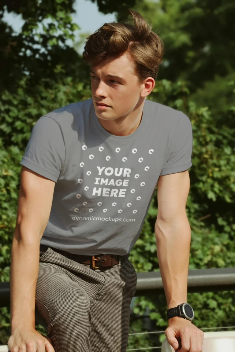 Man Wearing Gray T-shirt Mockup Front View Template