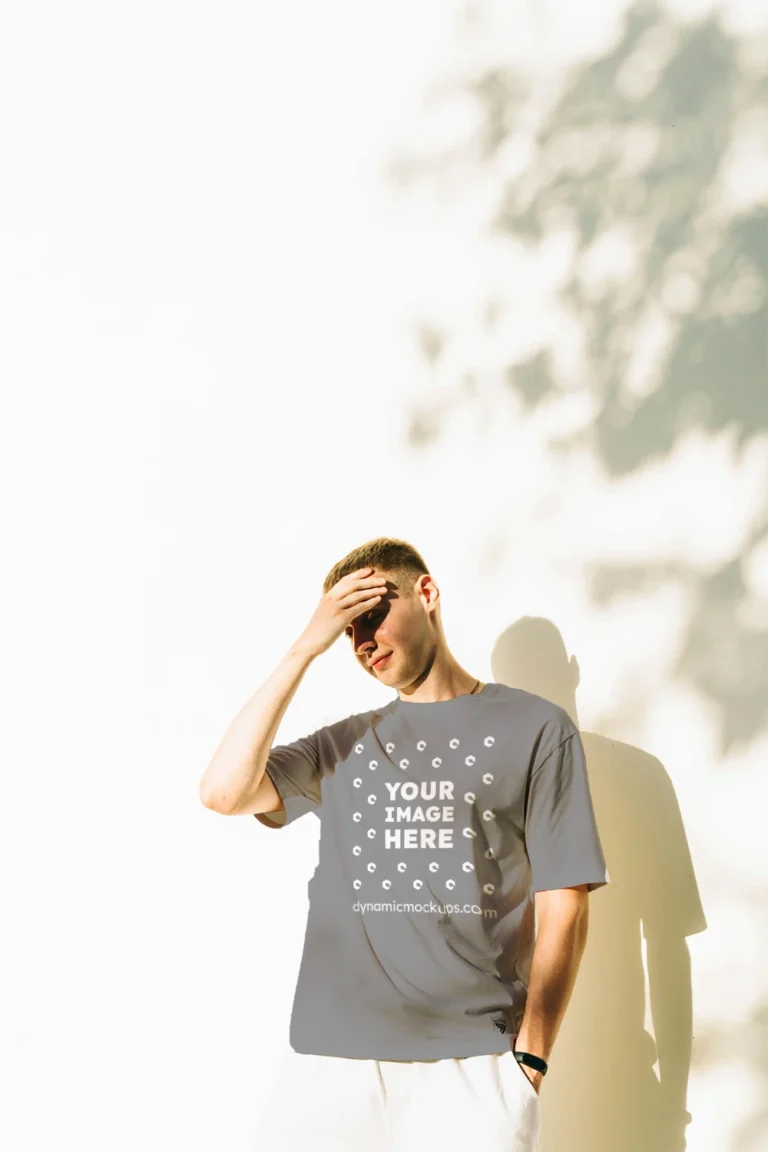 Man Wearing Gray T-shirt Mockup Front View Template