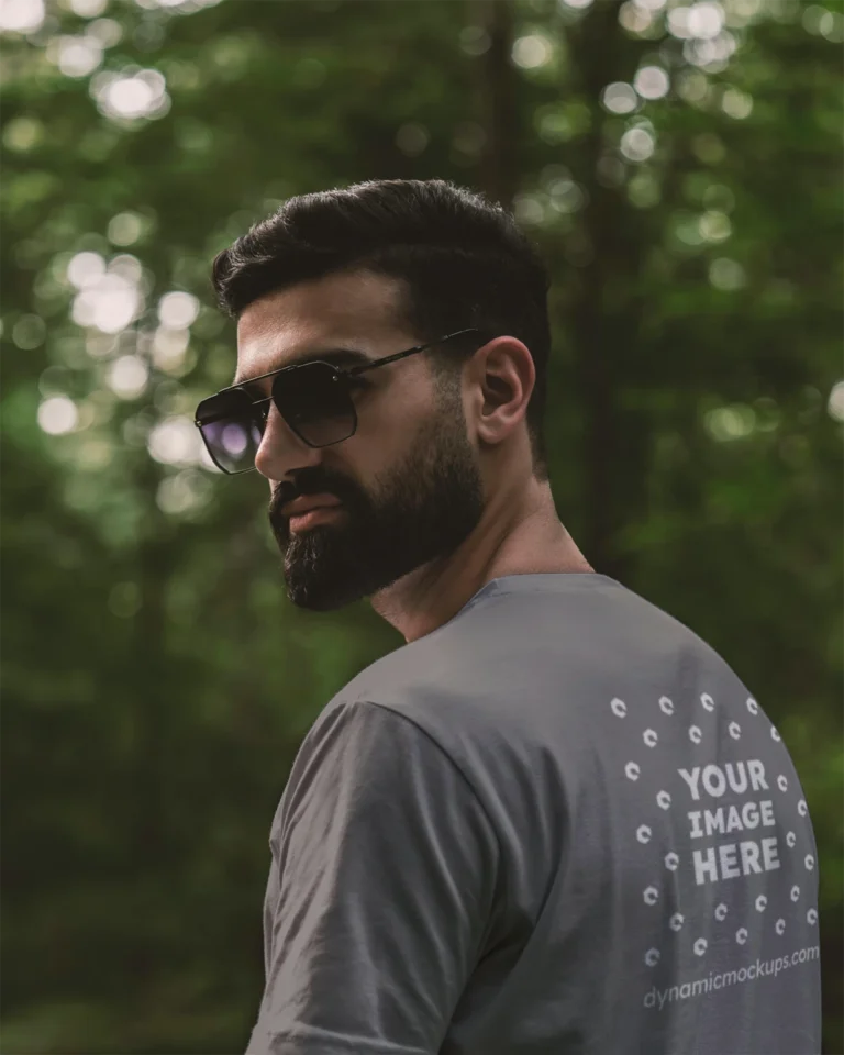 Man Wearing Gray T-shirt Mockup Back View Template