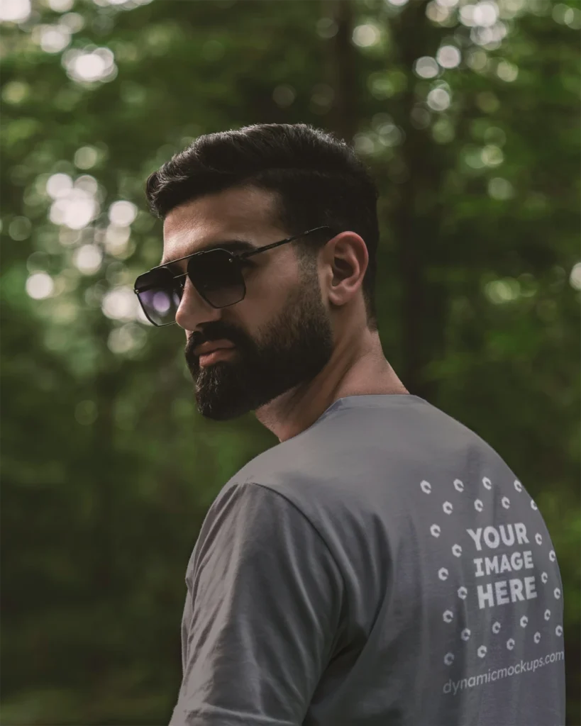 Man Wearing Gray T-shirt Mockup Back View Template