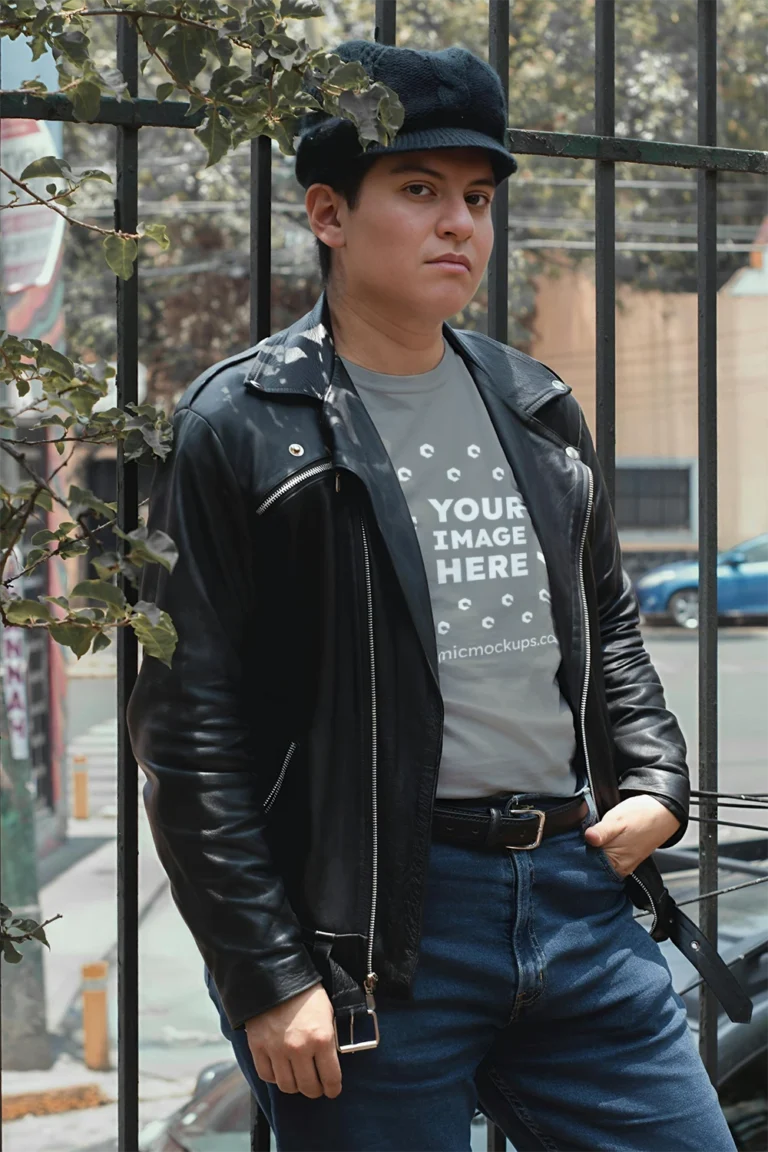 Man Wearing Gray T-shirt Mockup Front View Template