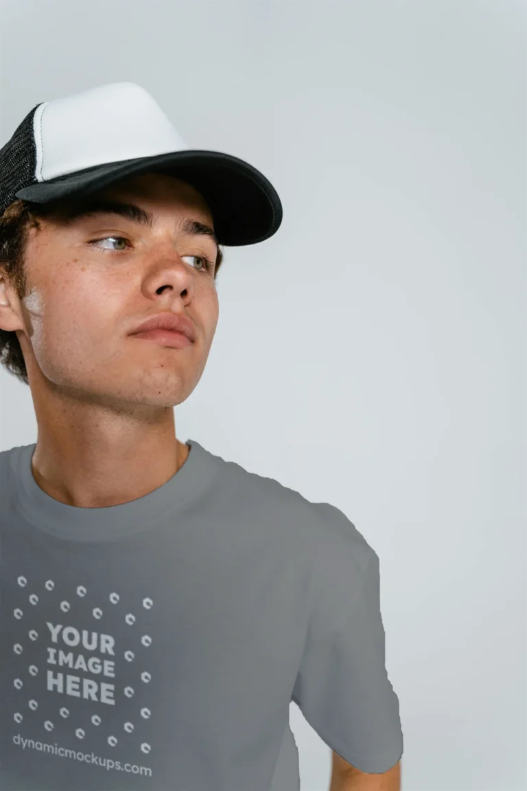 Man Wearing Gray T-shirt Mockup Front View Template