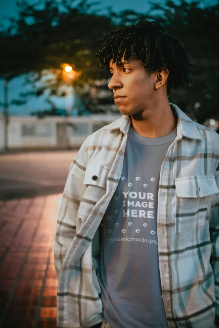 Man Wearing Gray T-shirt Mockup Front View Template