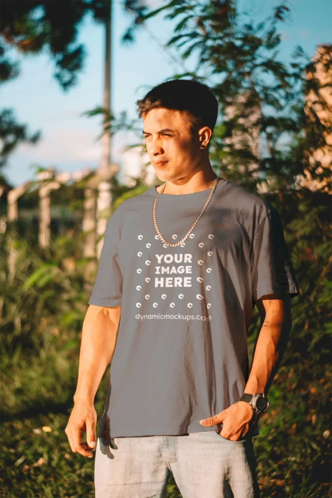 Man Wearing Gray T-shirt Mockup Front View Template