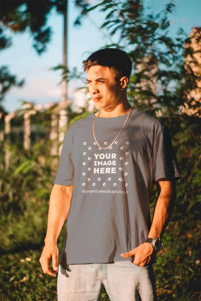 Man Wearing Gray T-shirt Mockup Front View Template