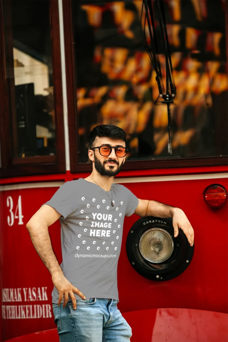 Man Wearing Gray T-shirt Mockup Front View Template