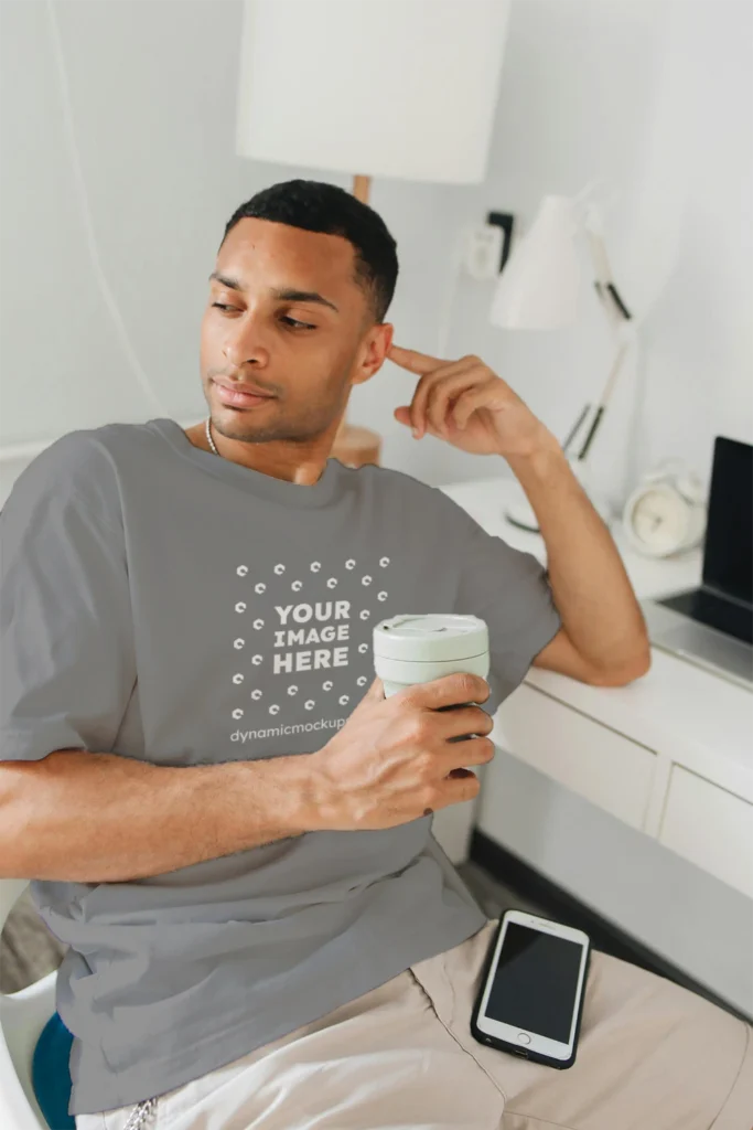 Man Wearing Gray T-shirt Mockup Front View Template