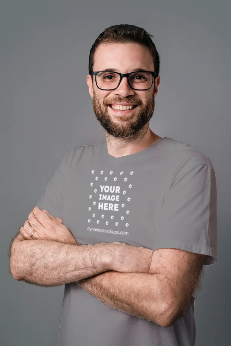 Man Wearing Gray T-shirt Mockup Front View Template