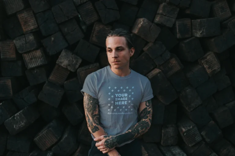 Man Wearing Gray T-shirt Mockup Front View Template