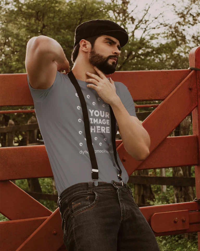 Man Wearing Gray T-shirt Mockup Front View Template