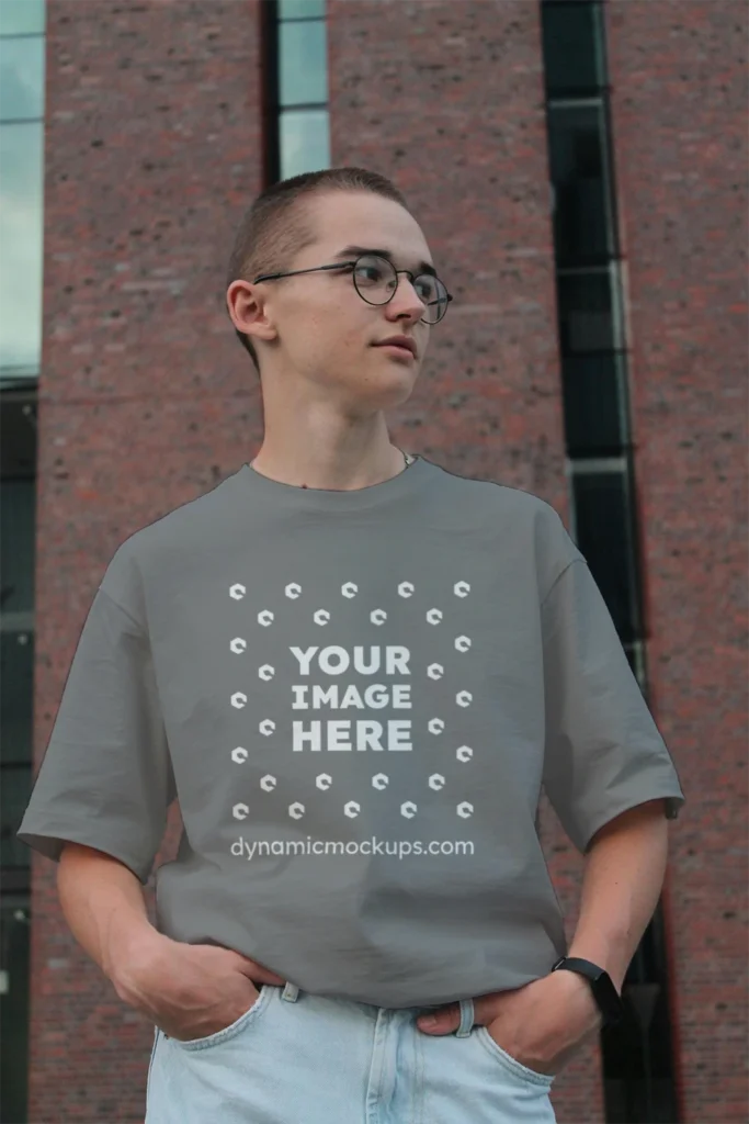 Man Wearing Gray T-shirt Mockup Front View Template