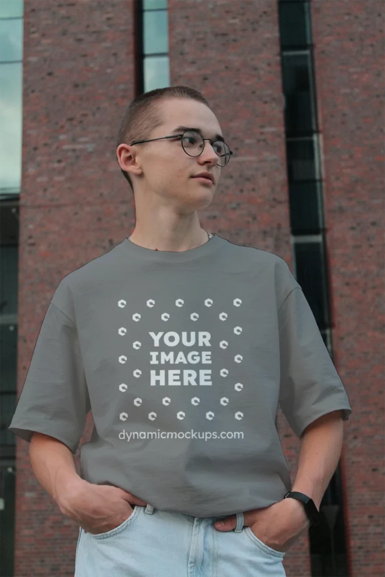 Man Wearing Gray T-shirt Mockup Front View Template