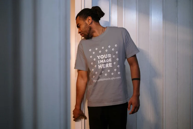 Man Wearing Gray T-shirt Mockup Front View Template