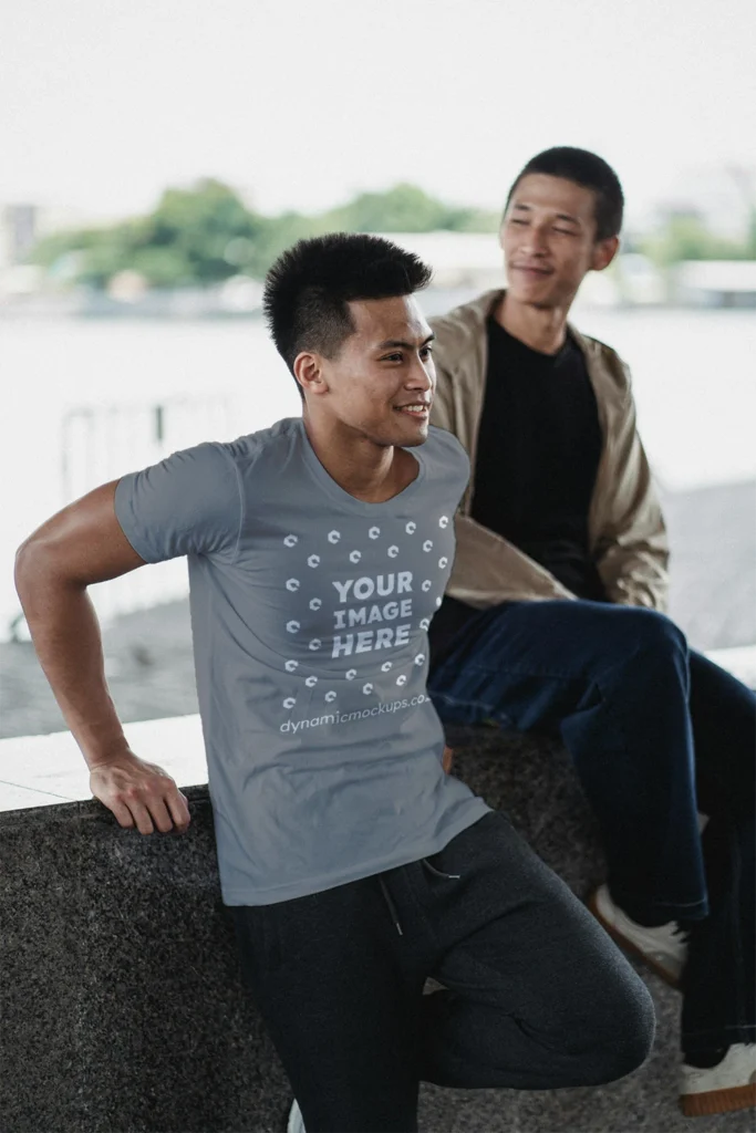 Man Wearing Gray T-shirt Mockup Front View Template
