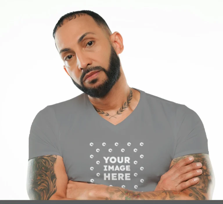 Man Wearing Gray T-shirt Mockup Front View Template