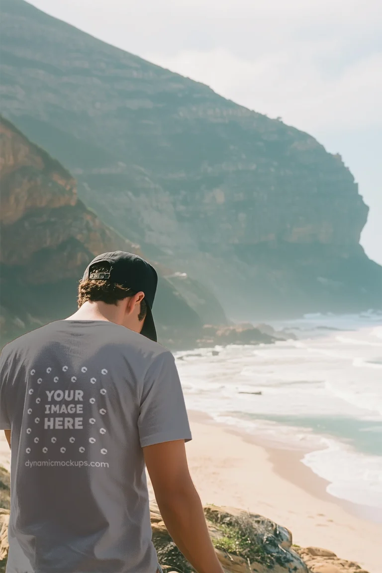 Man Wearing Gray T-shirt Mockup Back View Template