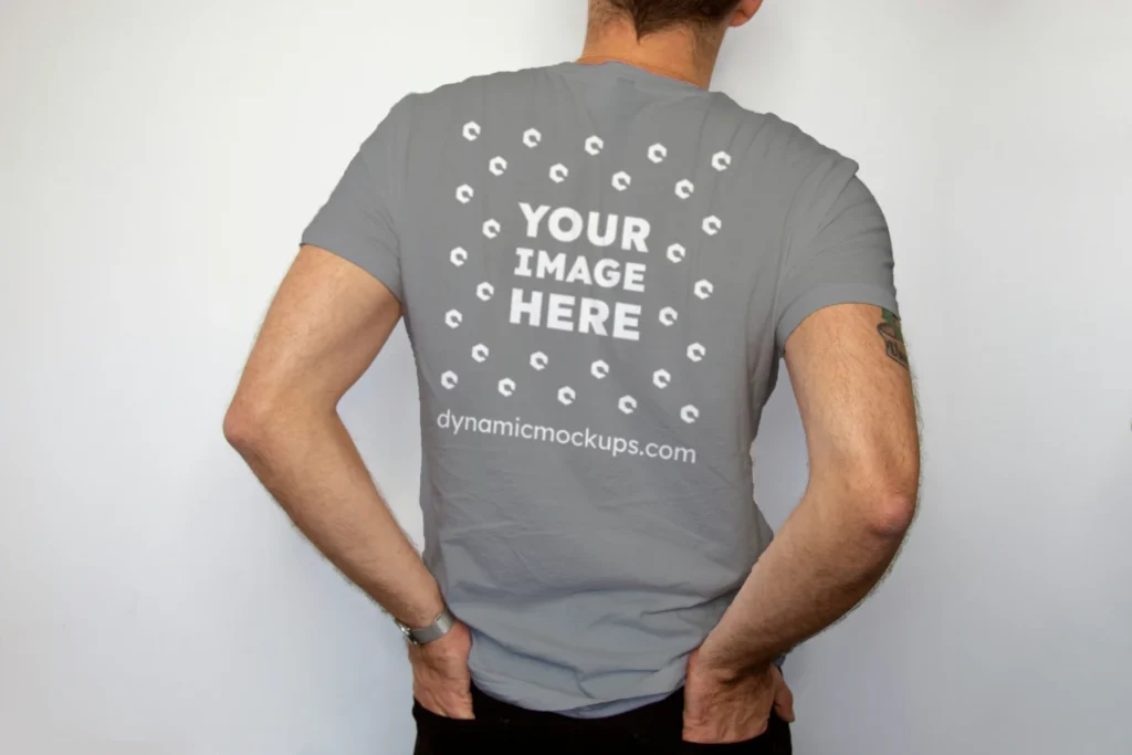 Man Wearing Gray T-shirt Mockup Back View Template