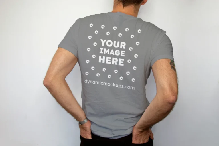 Man Wearing Gray T-shirt Mockup Back View Template
