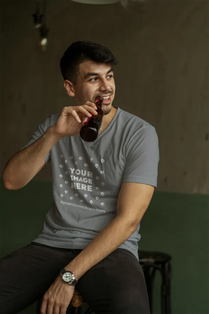 Man Wearing Gray T-shirt Mockup Front View Template