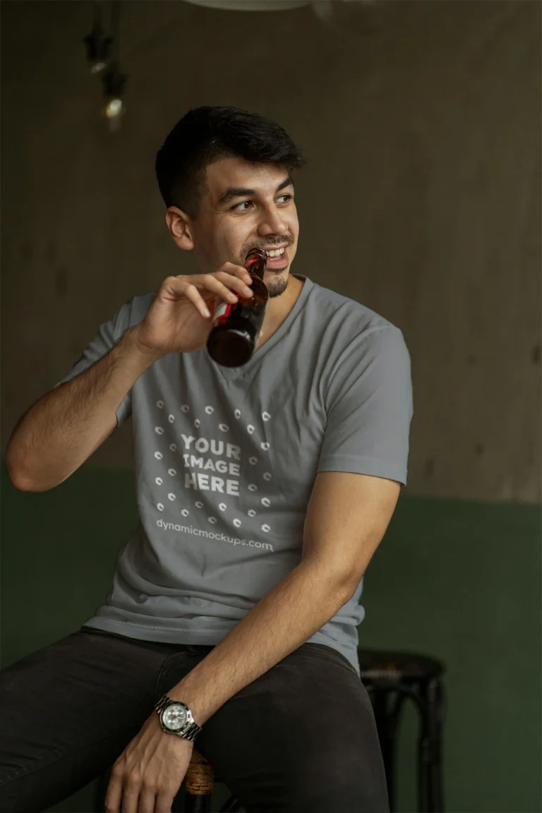 Man Wearing Gray T-shirt Mockup Front View Template