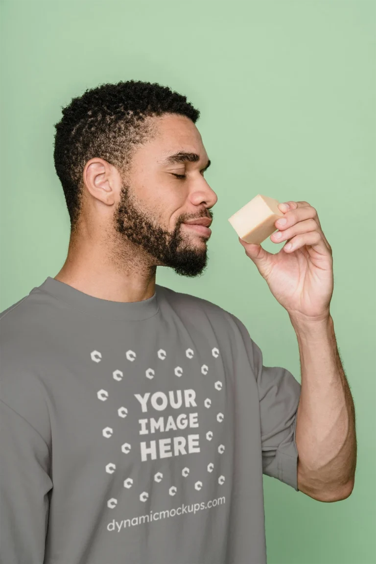 Man Wearing Gray T-shirt Mockup Front View Template