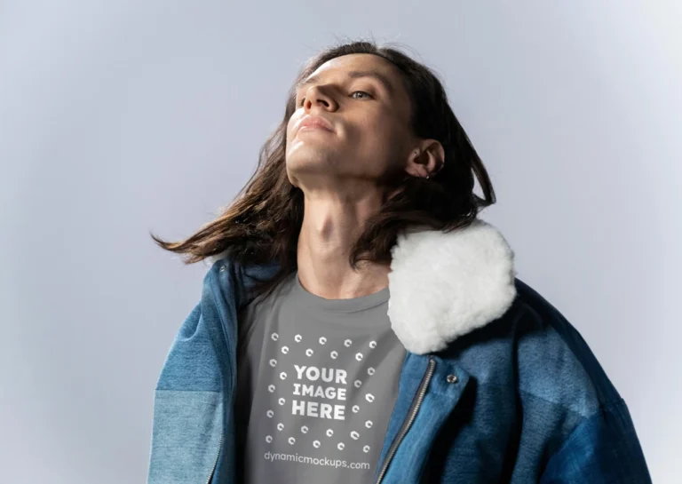 Man Wearing Gray T-shirt Mockup Front View Template