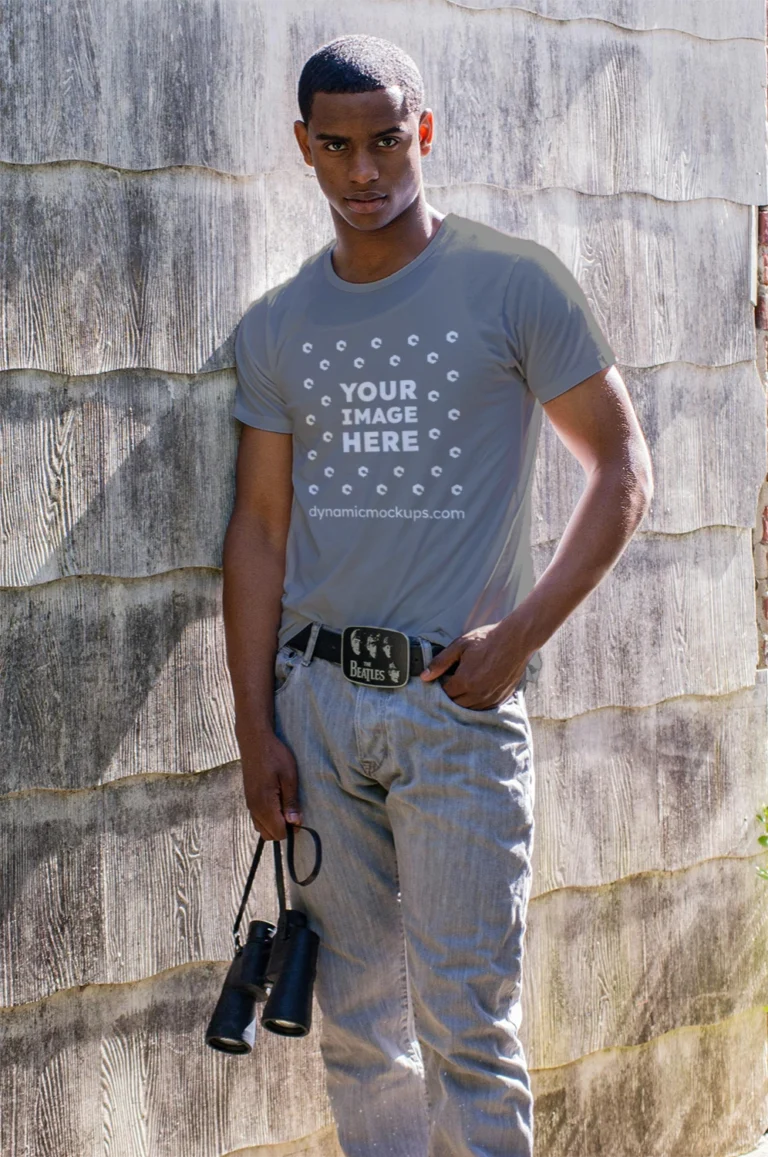 Man Wearing Gray T-shirt Mockup Front View Template