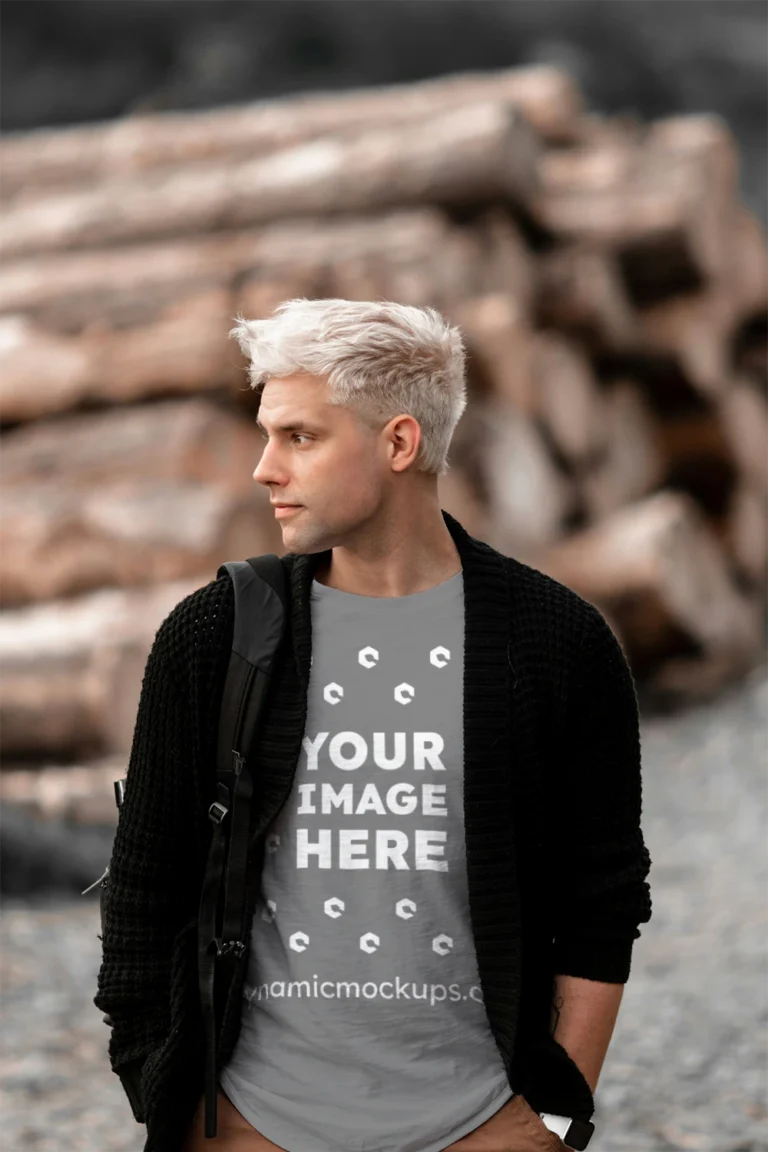 Man Wearing Gray T-shirt Mockup Front View Template