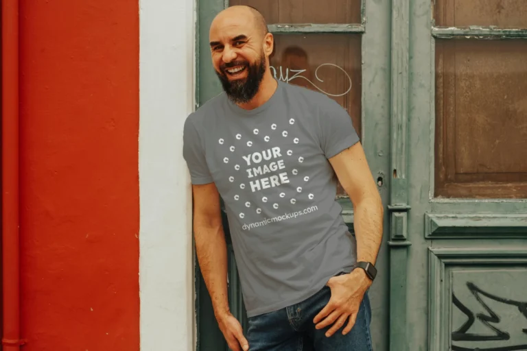 Man Wearing Gray T-shirt Mockup Front View Template