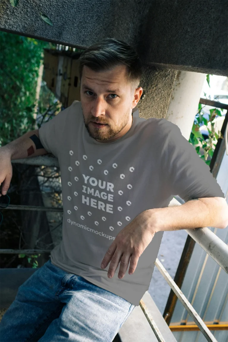 Man Wearing Gray T-shirt Mockup Front View Template
