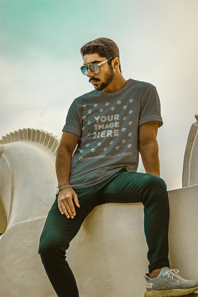 Man Wearing Gray T-shirt Mockup Front View Template