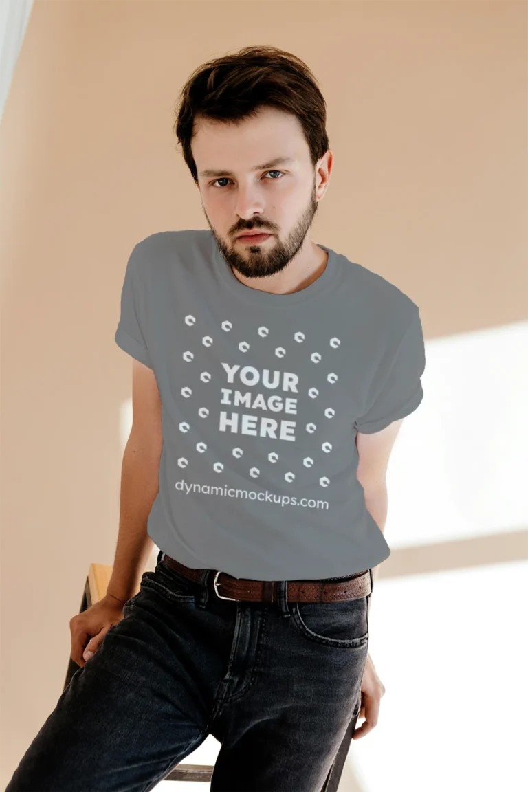 Man Wearing Gray T-shirt Mockup Front View Template