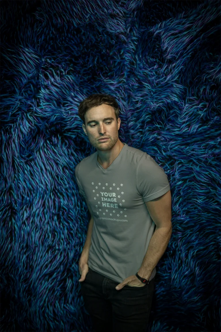 Man Wearing Gray T-shirt Mockup Front View Template