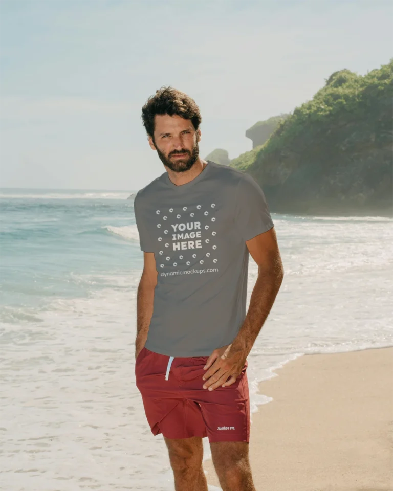 Man Wearing Gray T-shirt Mockup Front View Template