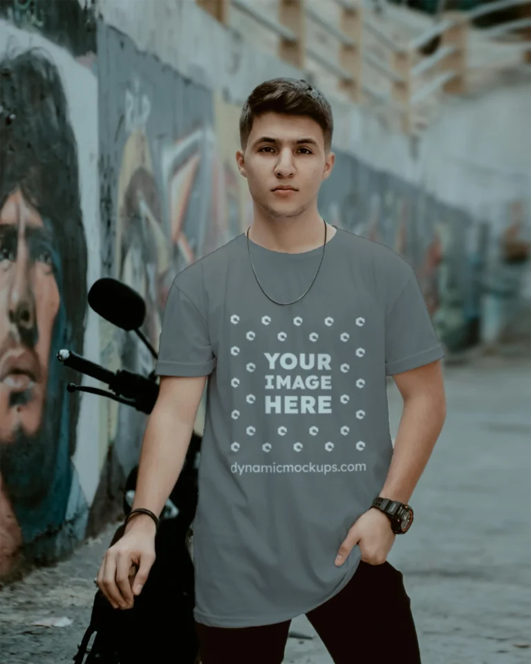 Man Wearing Gray T-shirt Mockup Front View Template