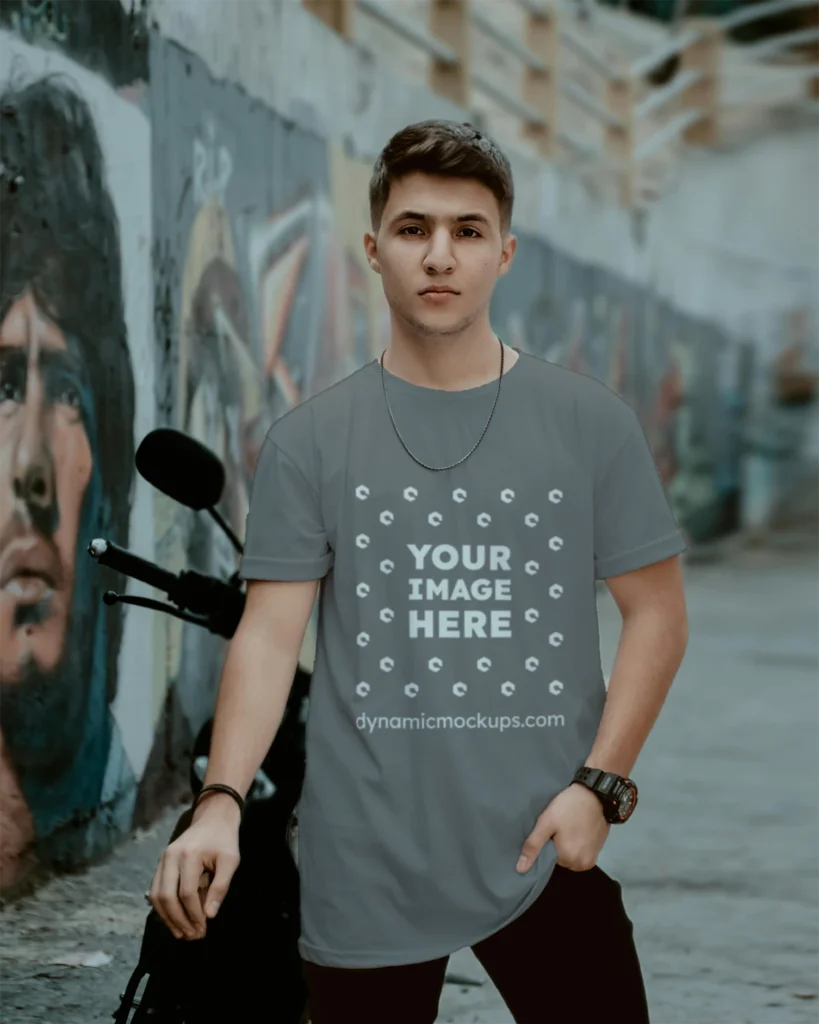 Man Wearing Gray T-shirt Mockup Front View Template