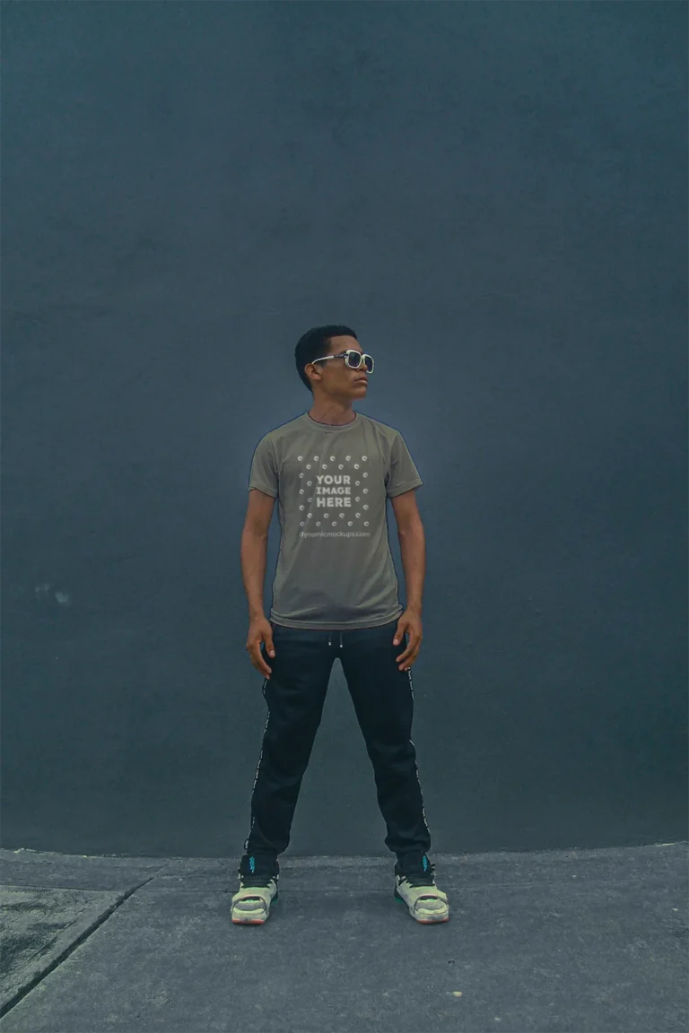 Man Wearing Gray T-shirt Mockup Front View Template